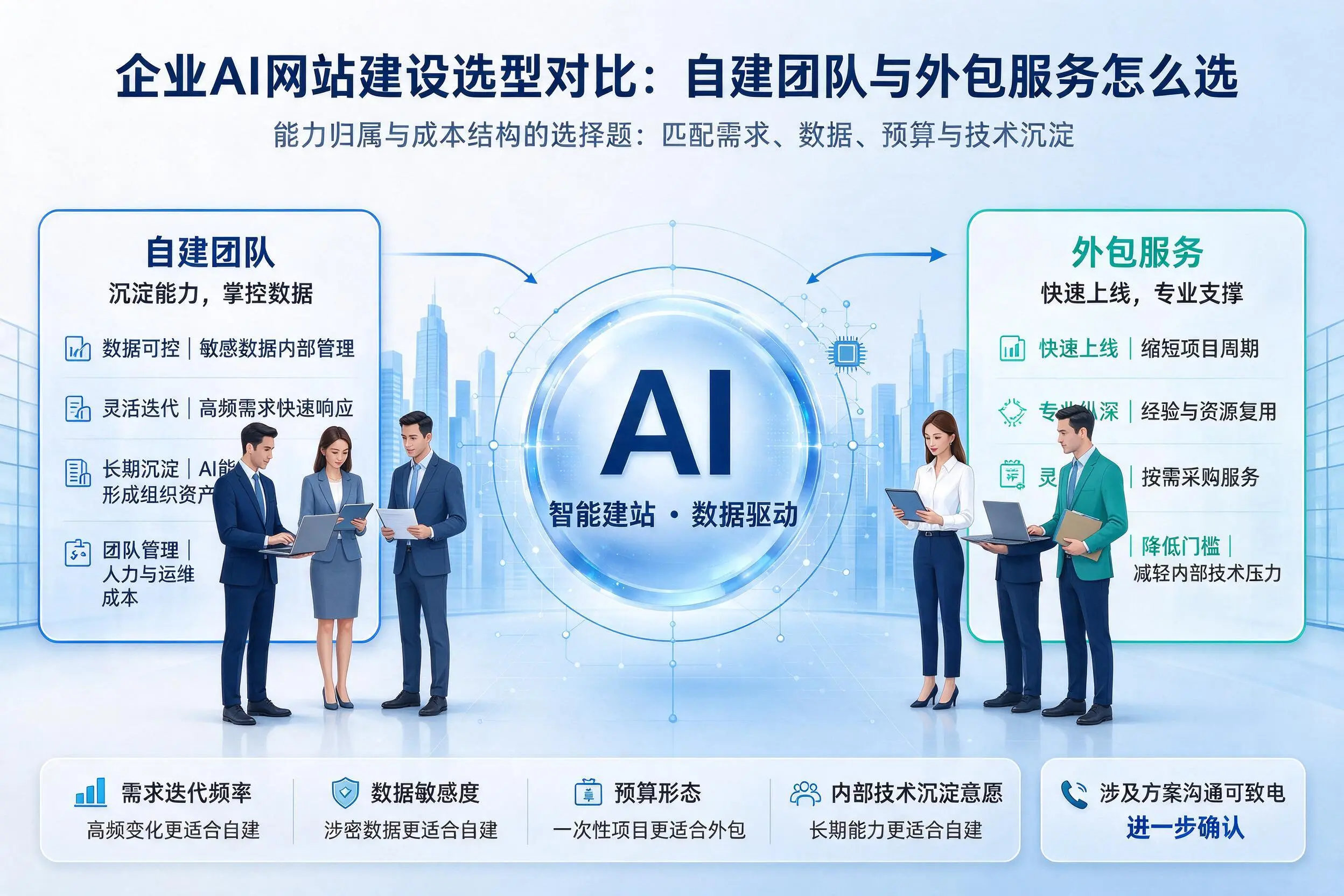 营口企业AI网站建设选型对比:自建团队与外包服务怎么选